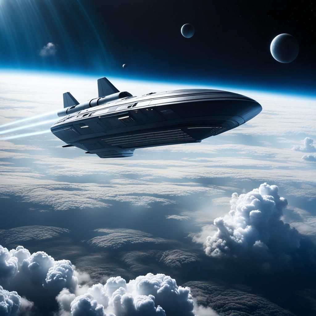 Spacecraft Plunging Through Cloudy Sky