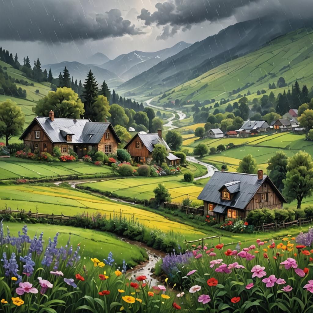 Rainy Day Mountain Valley Landscape in Hyperrealism