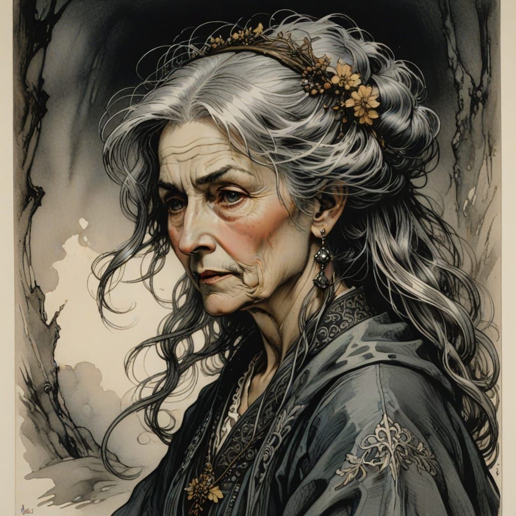 Beautiful Grey-Haired Woman in Lithographic Style