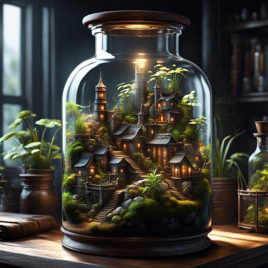 Miniature City Terrarium in Glass Bottle, Detailed Digital A...
