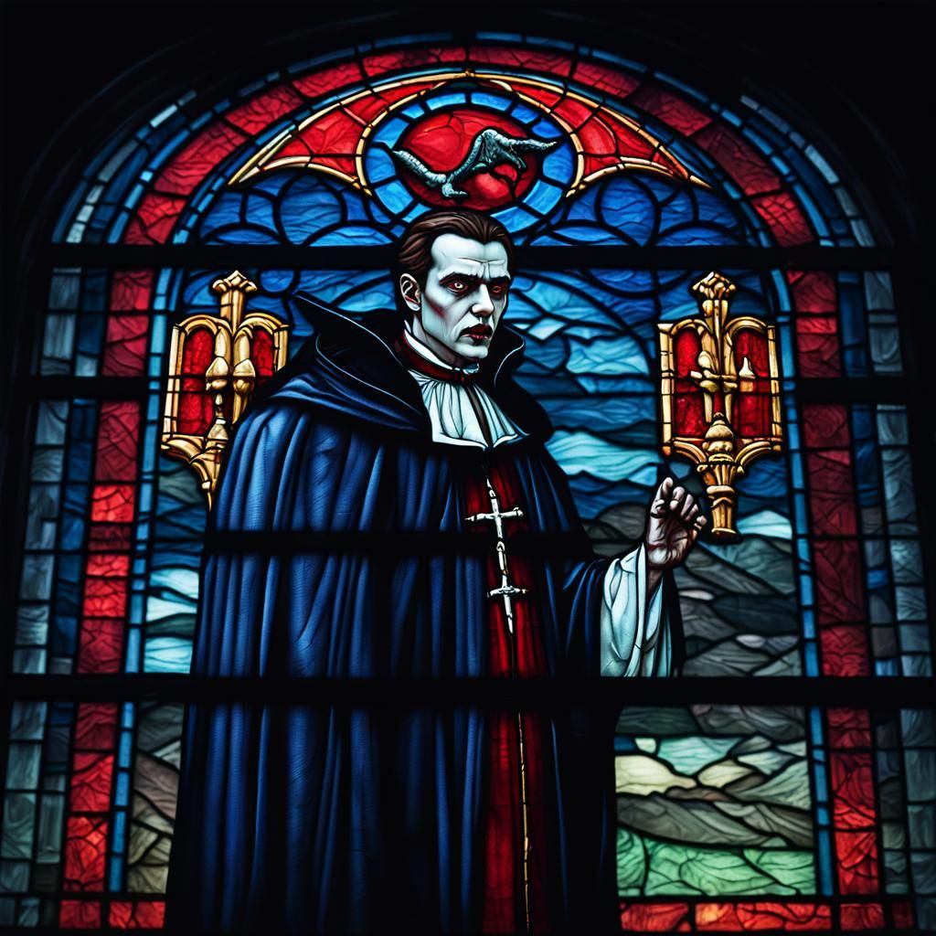 Vampire Saint Stained Glass Window in Cinematic Style