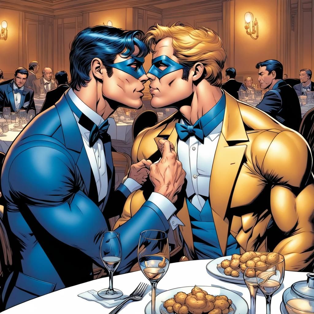 Two Men Kissing in Tuxedos: Comic Book Art