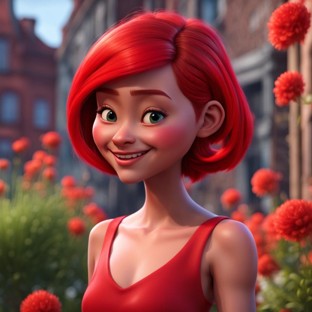 Red-Haired Girl in Cityscape: Pixar-Style 3D Render