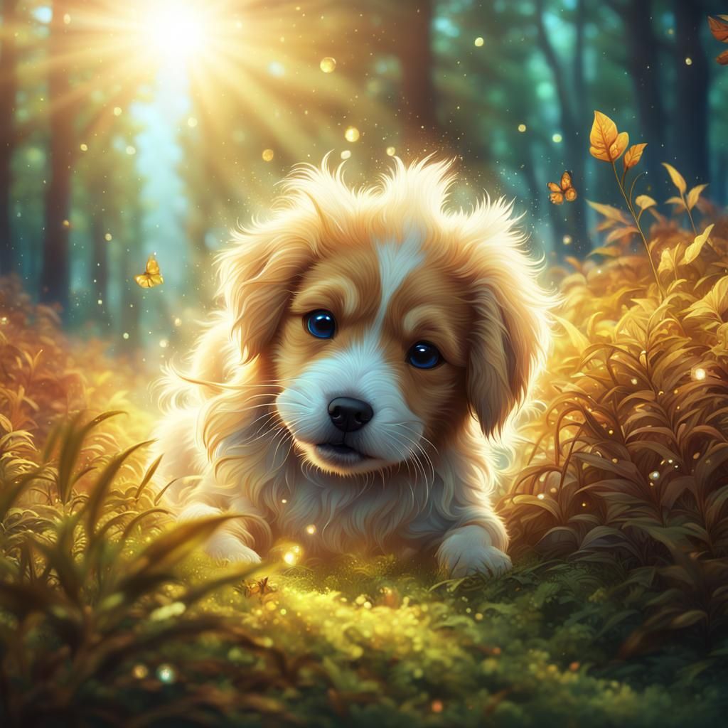 Playful Puppy in a Magical Forest: Fantasy Art