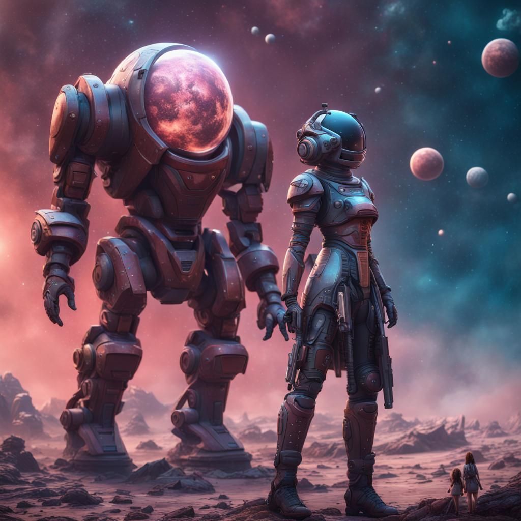 Android Girl and Space Soldier: Detailed Matte Painting