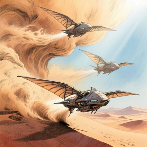 Sci-Fi Ornithopters Surfing Desert Sandstorm
