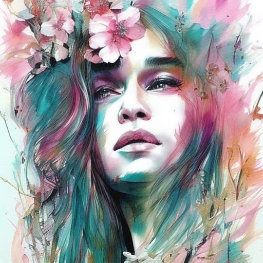 Emilia Clarke Portrait with Cherry Blossoms, Disney Style