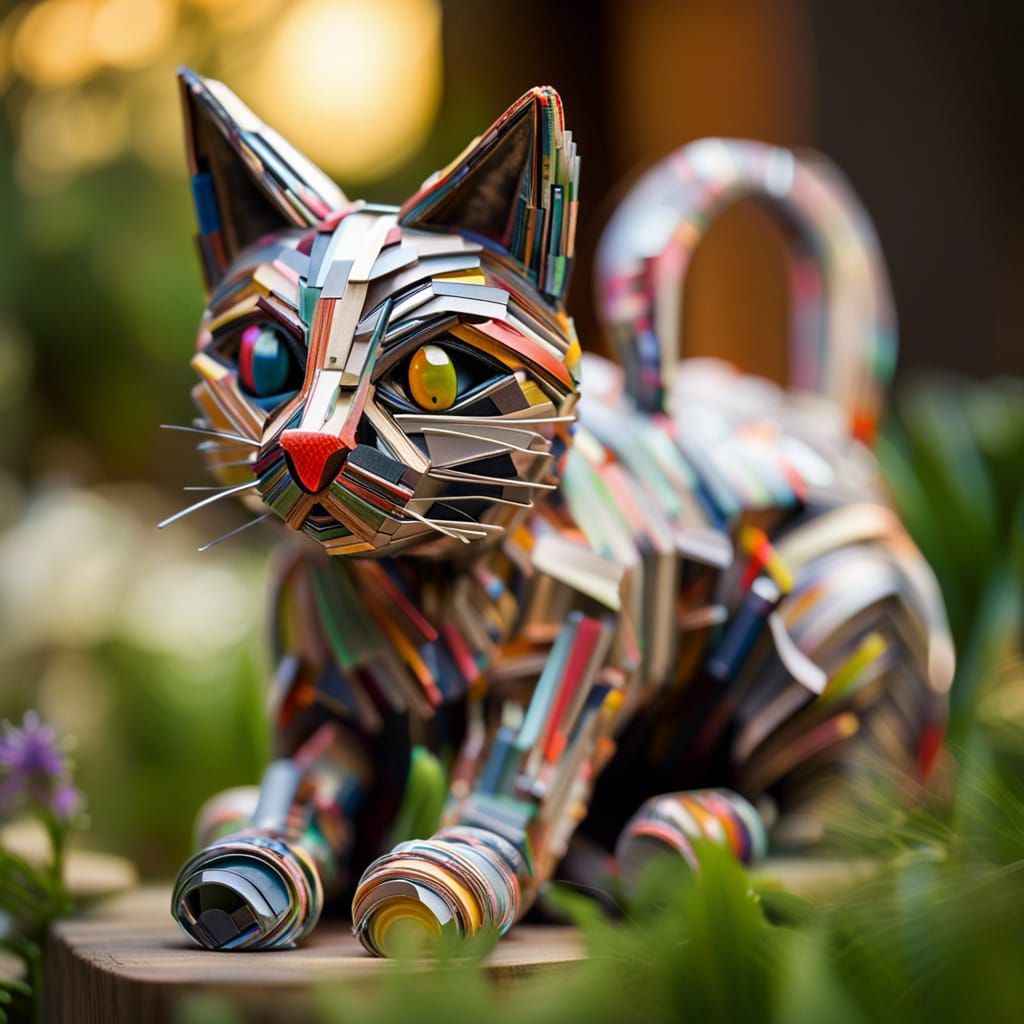 Recycled Magazine Cat Sculpture in Sharp Focus