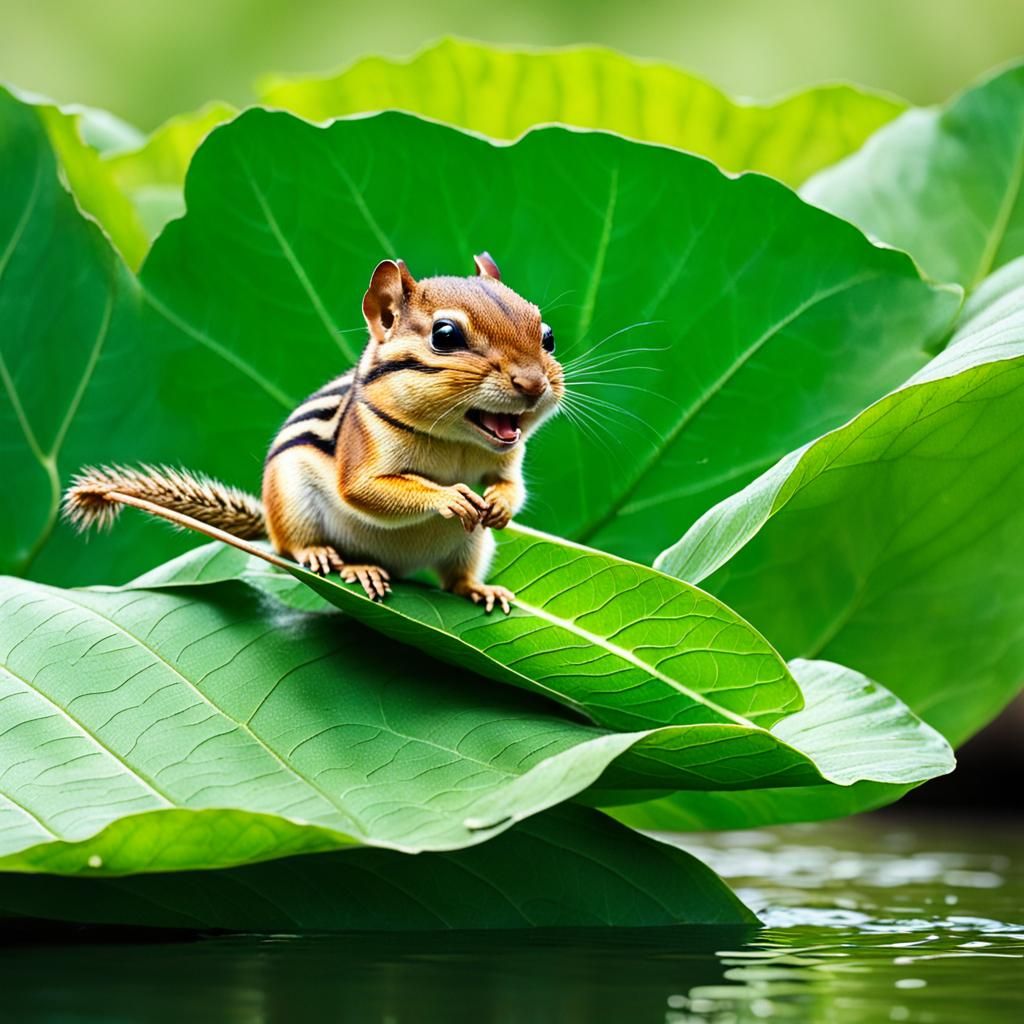 Chipmunks Sailing on a Leaf Boat