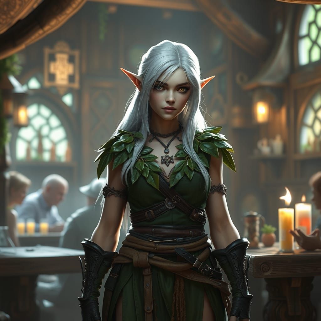 Wood-Elf Druid in Tavern: Fantasy Concept Art