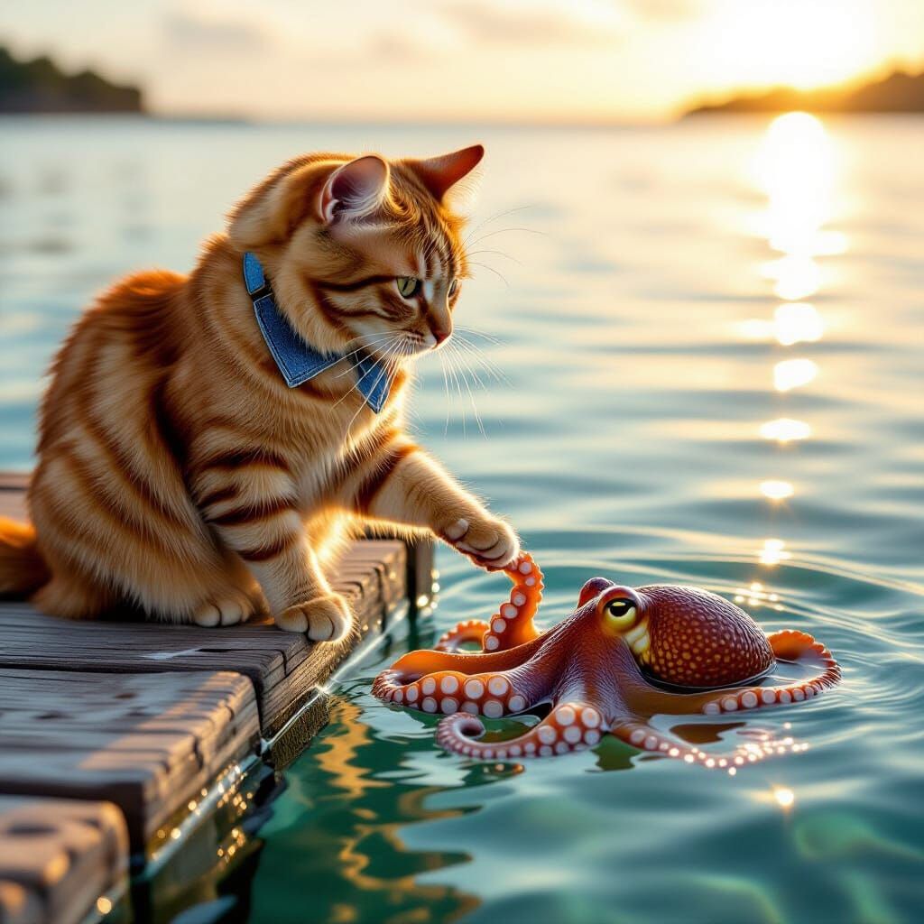 Tabby Cat Reaching for Octopus on Dock
