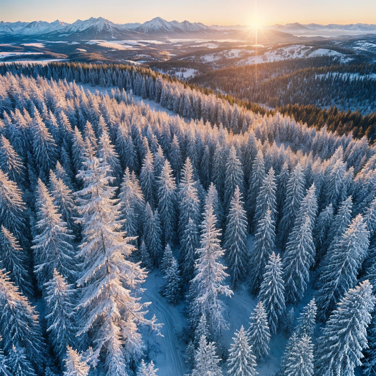 Winter Sunset Over Vast Coniferous Forest