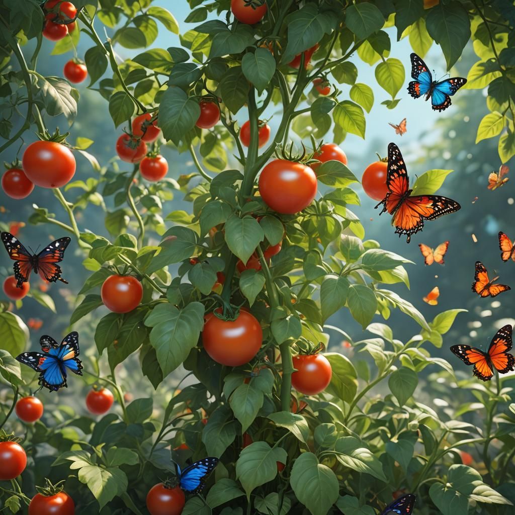 Tomato Plant with Caterpillar and Butterflies in Anime Style