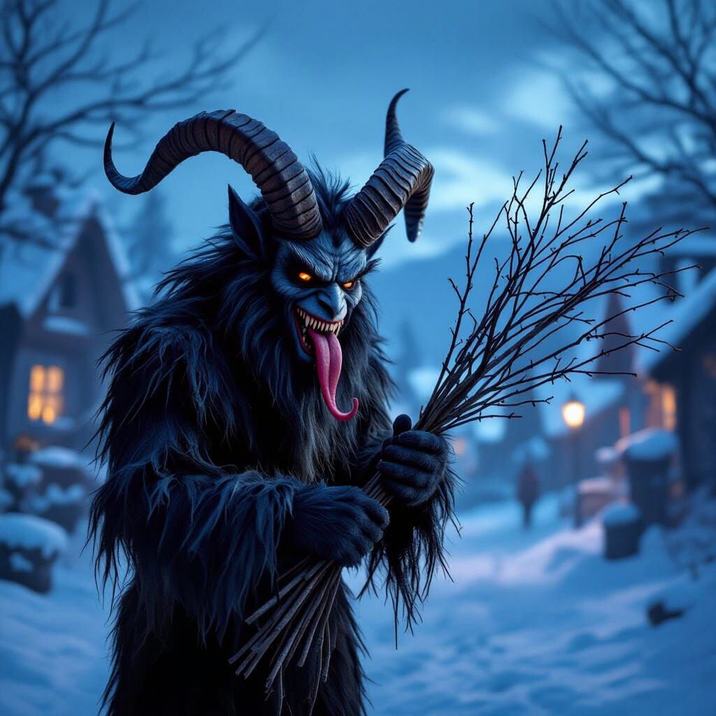Cute Yet Scary Photorealistic Krampus in Twilight Village