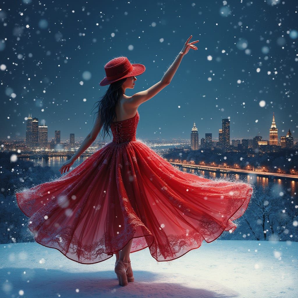 Ballerina in Red Dress Against Dark City