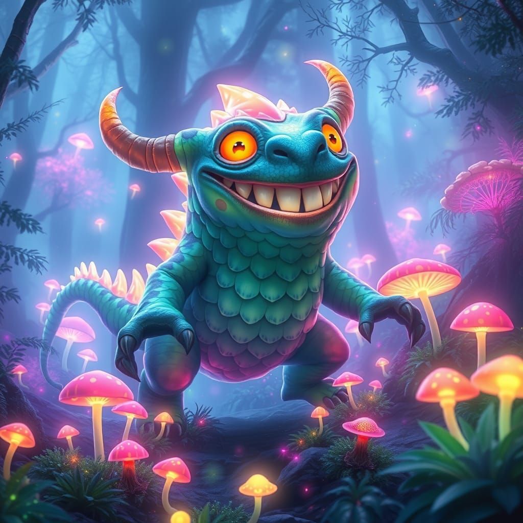 Luminous Monster Foo Frolics in Enchanted Bioluminescent For...