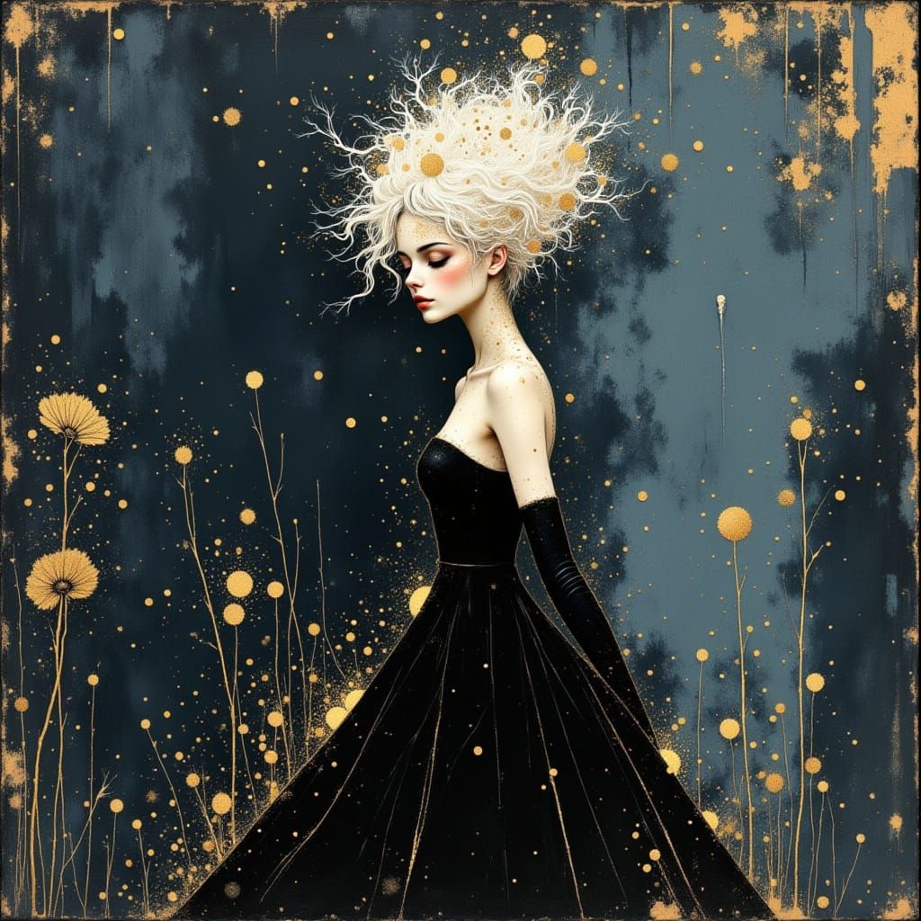 Woman in Black Dress with Ink Mist Outline