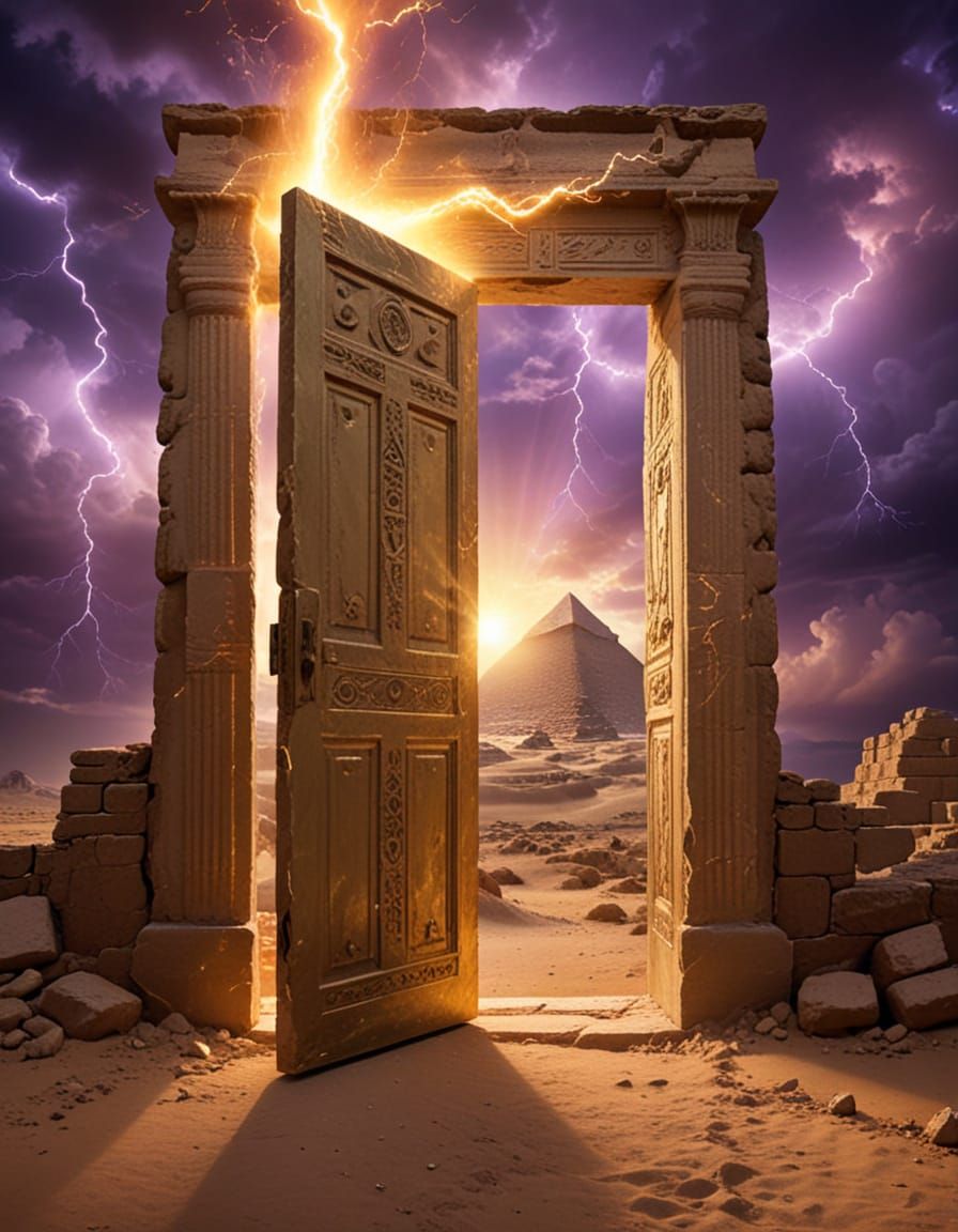 Radiant Egyptian Doorways in Golden and Purple Lightning