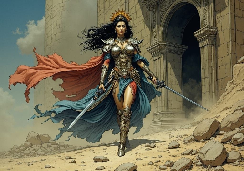 Queen Zenobia: Sci-Fi Warrior in Persian Miniature Style