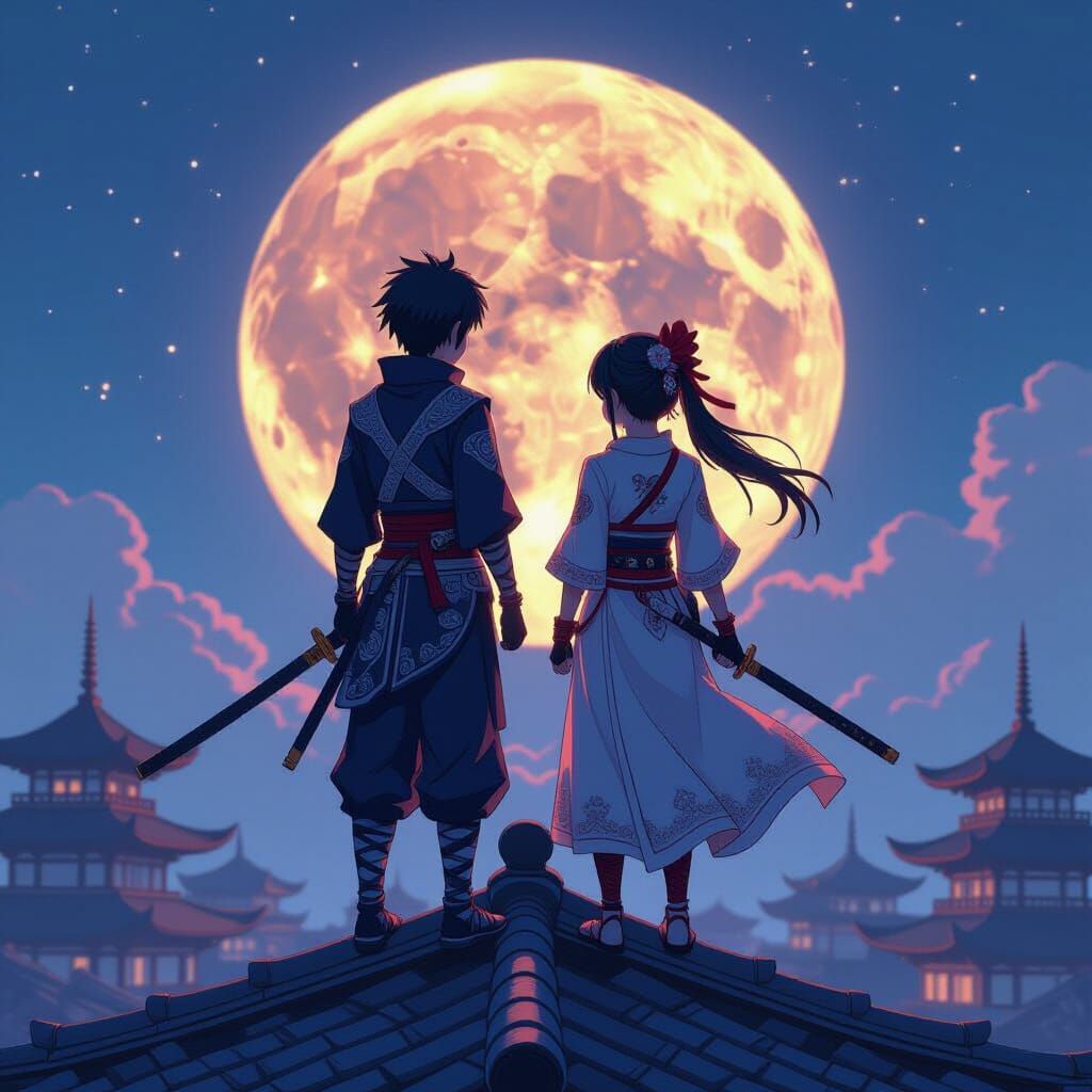 Ninja Duo Under Moonlight: 3D Anime Art