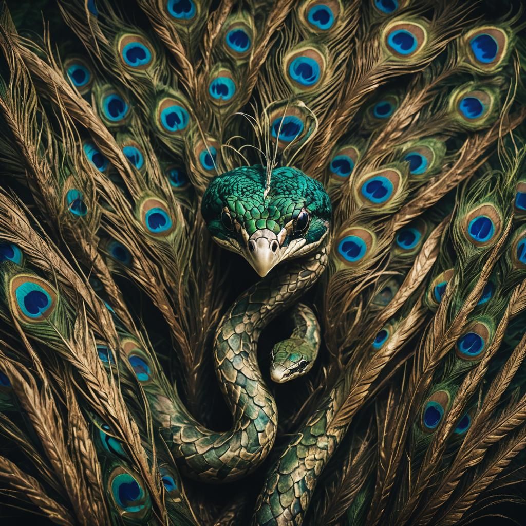 Snake with Peacock Feathers in Cinematic Style