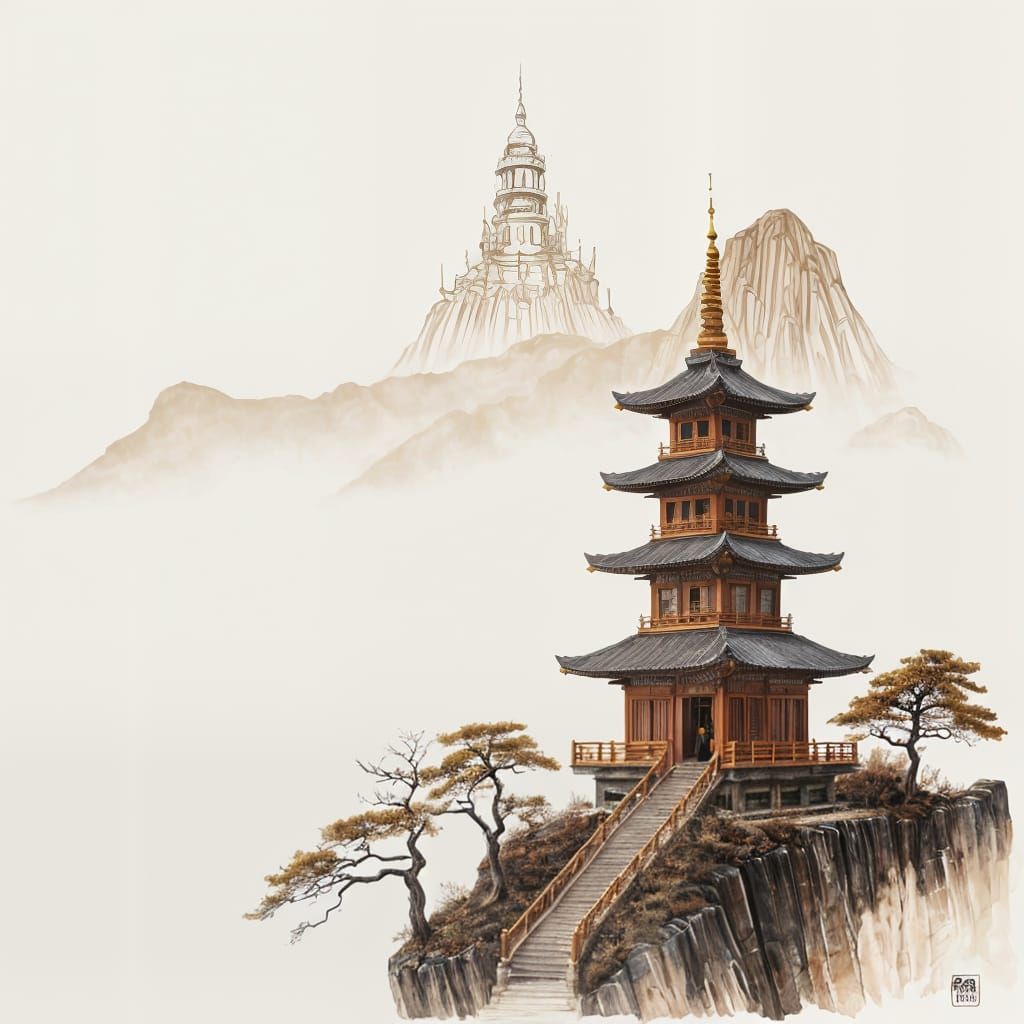 Minimalist Sumi-e Pagoda Painting with Buddha