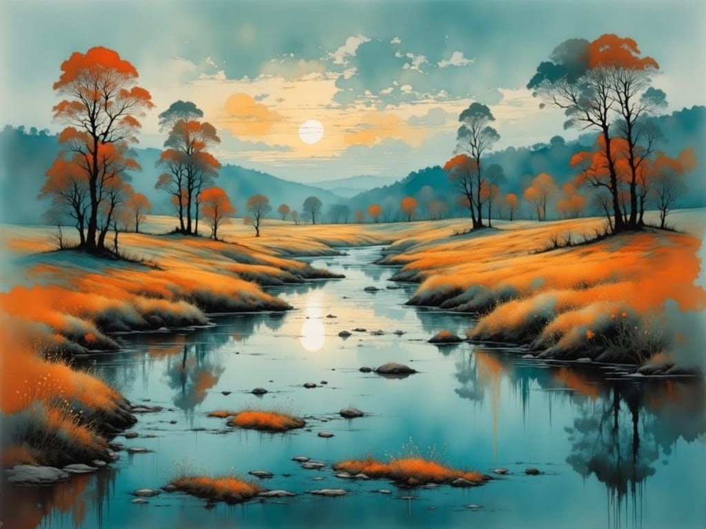 Vibrant River Landscape in Expressive Painterly Style