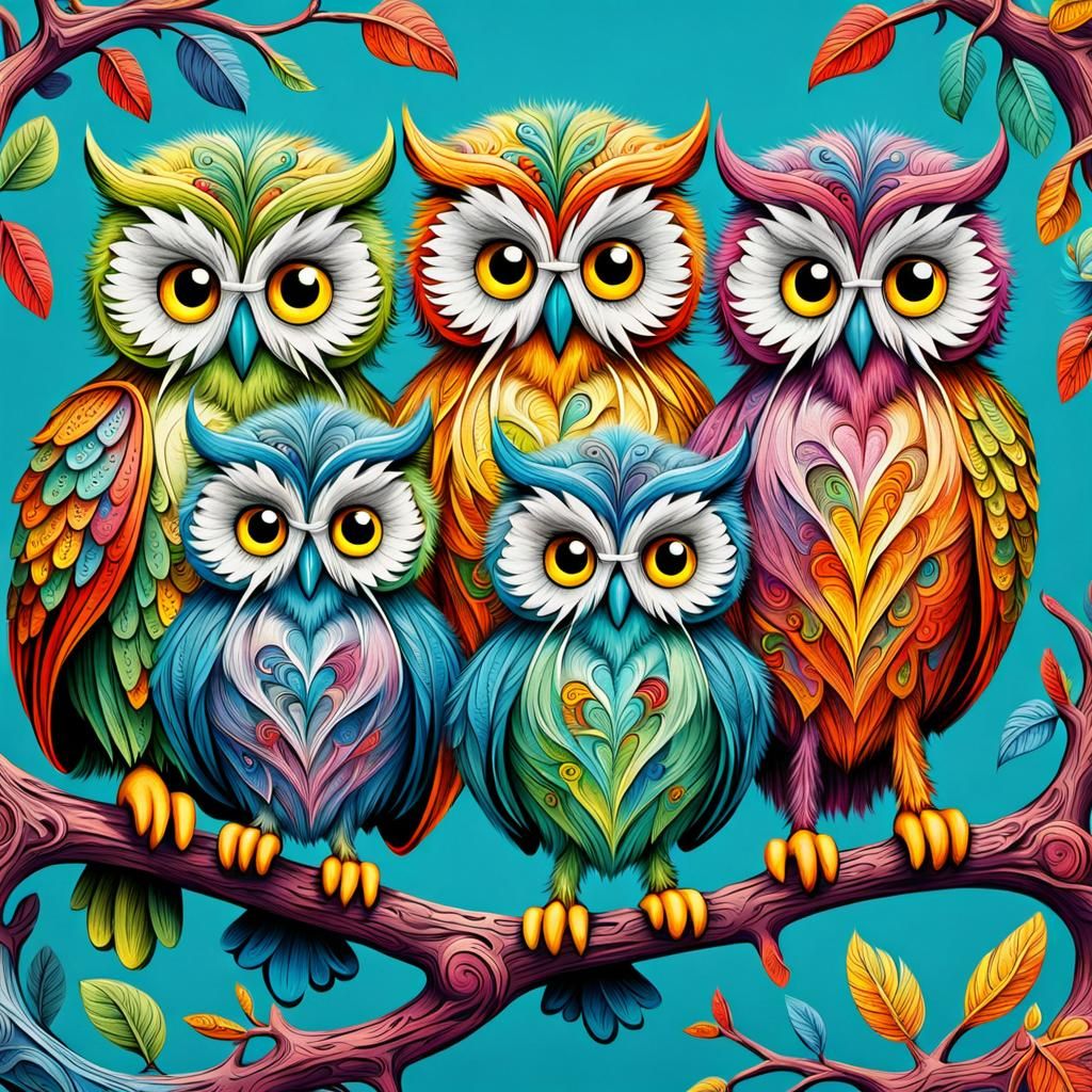 Whimsical Owls on Branch in Dr. Seuss Style