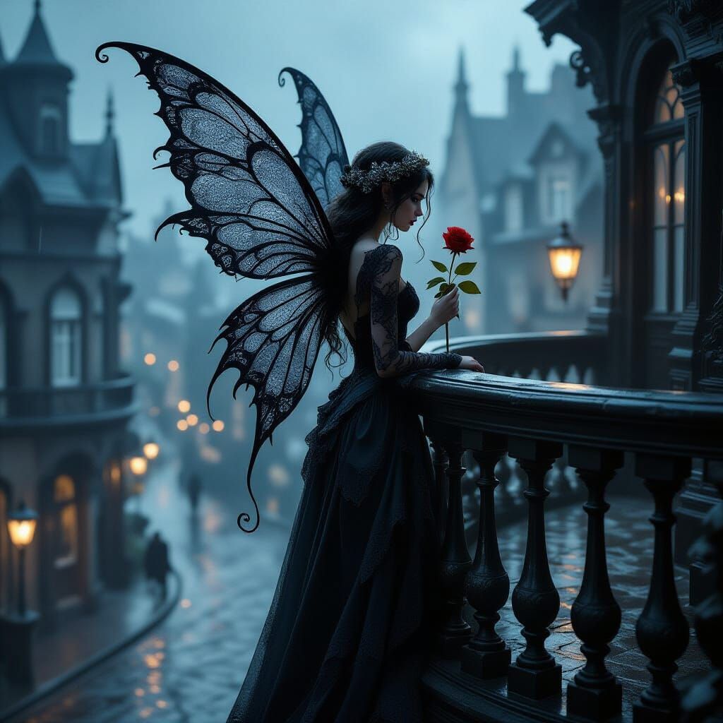 Ethereal Fairy with Obsidian Wings on Victorian Balcony