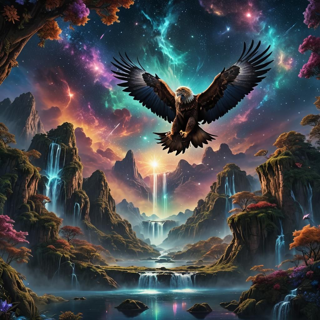 Majestic Griffin Soaring Between Floating Islands