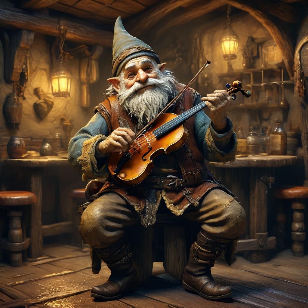 Gnome Bard Plays Violin in Dim Tavern