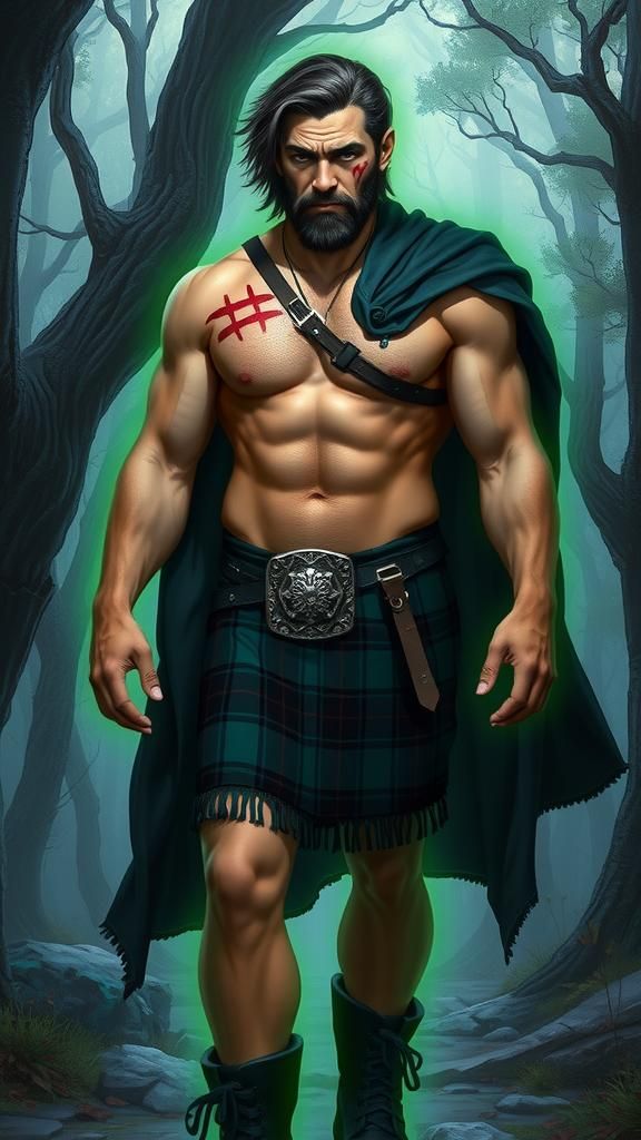 Brawny Man in Kilt with Glowing Aura