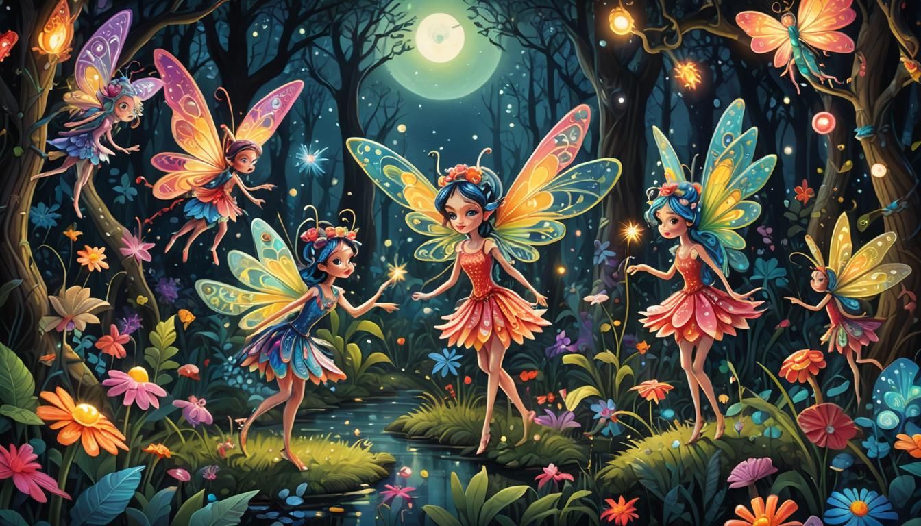 Alebrije Fairies in Enchanted Forest, Lowbrow Art