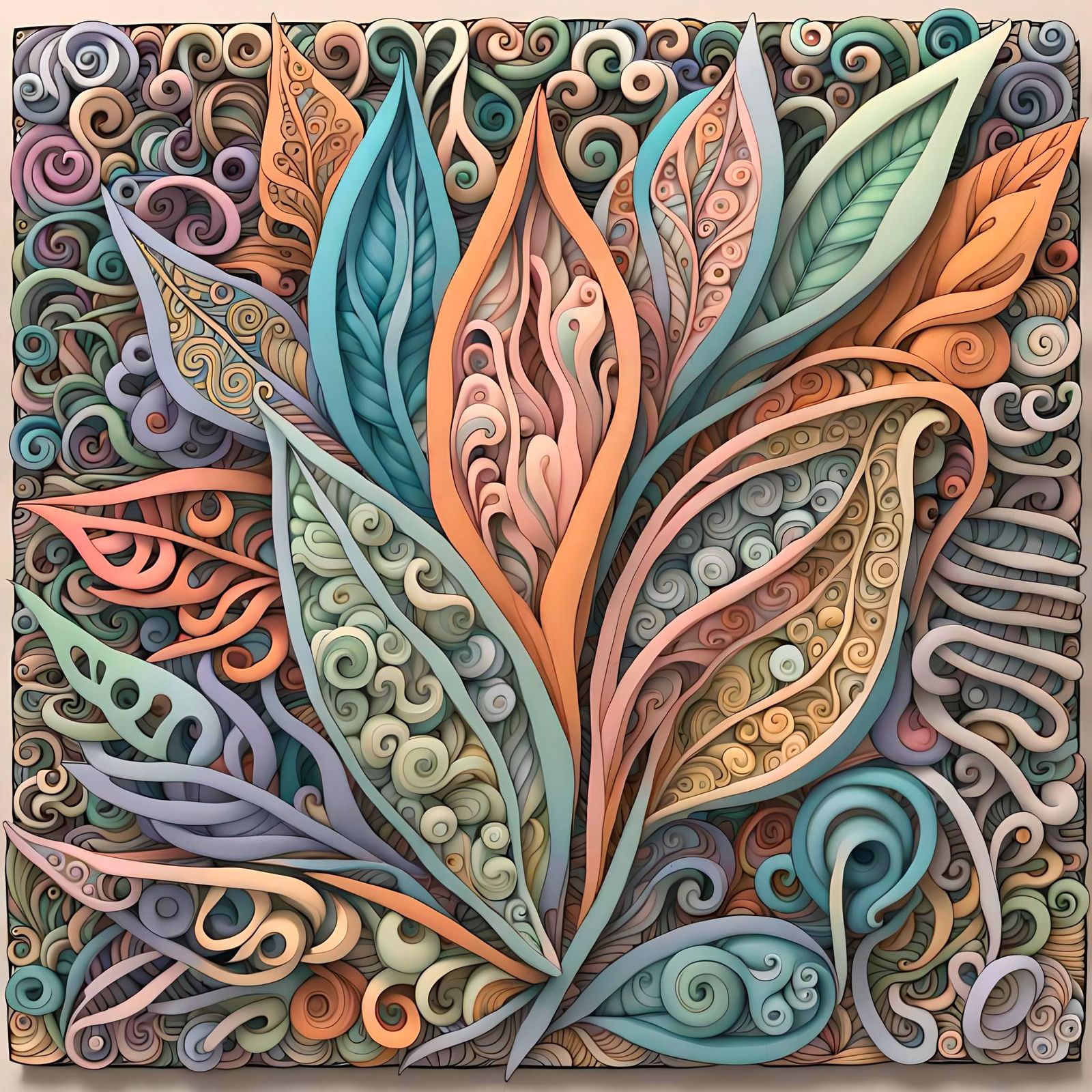 Pastel Abstract Zentangle with 3D Leaves