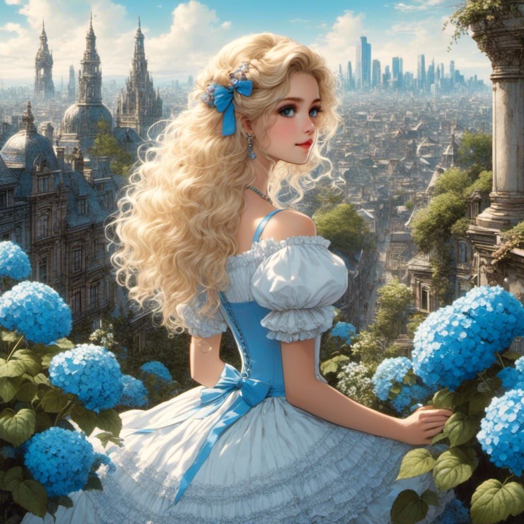 Adorable Girl with Big Hair in Hydrangea Garden