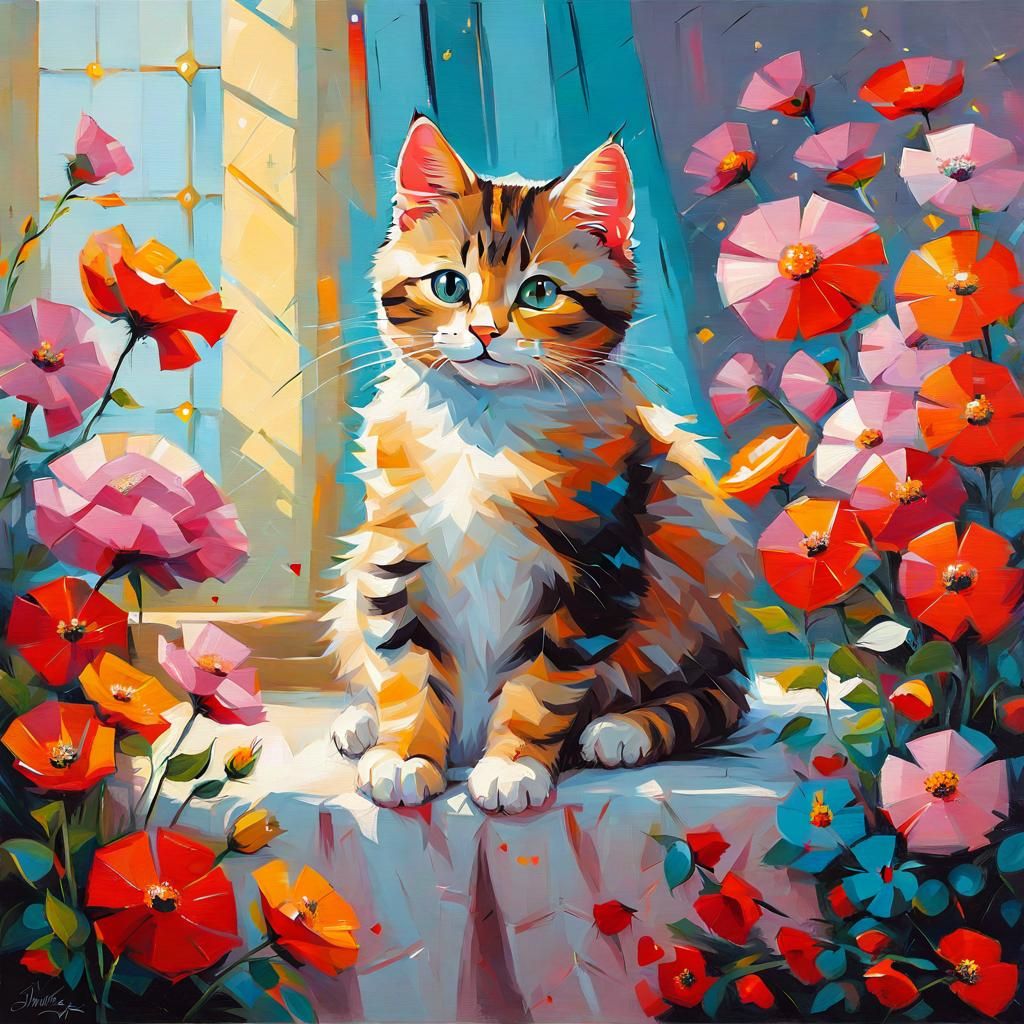 Cute Cat with Flowers and Heart Lights