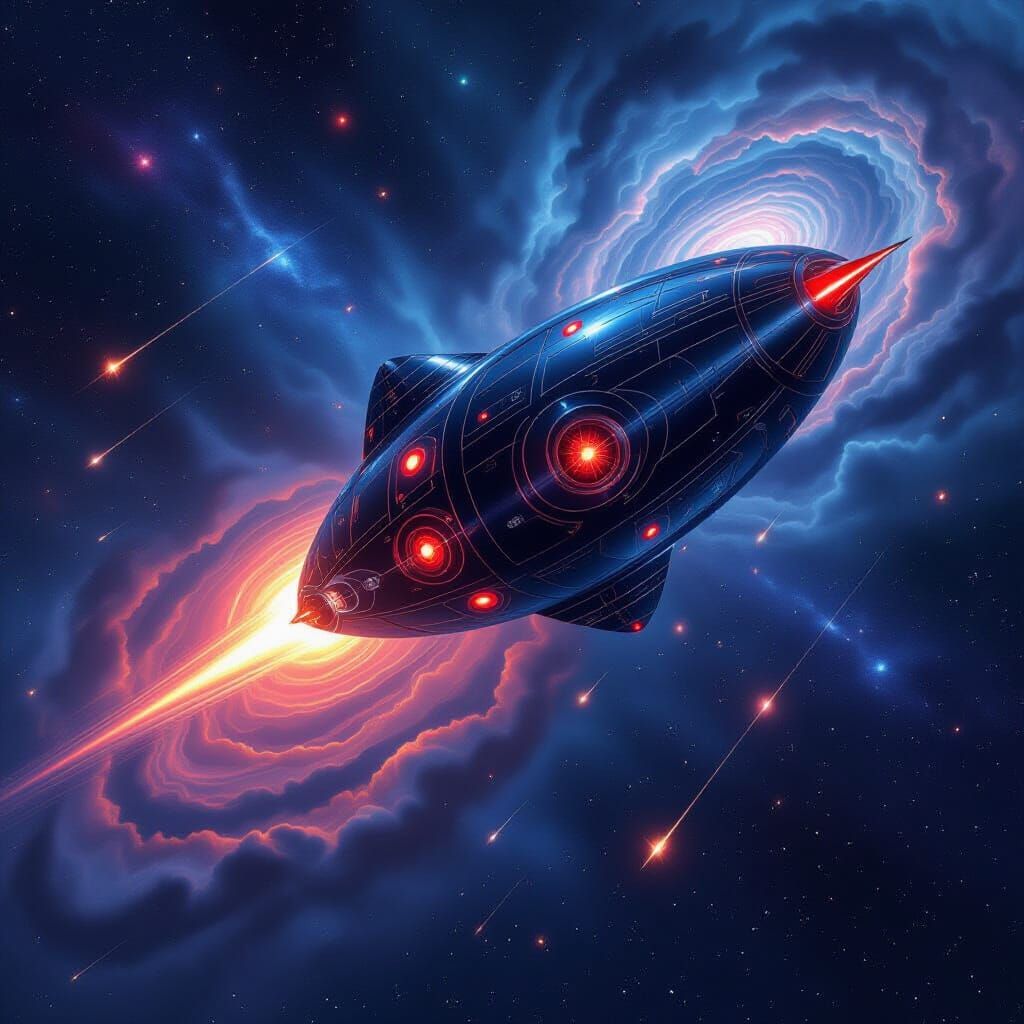 Extraterrestrial Ship in Cosmic Sky, Holographic Illustratio...