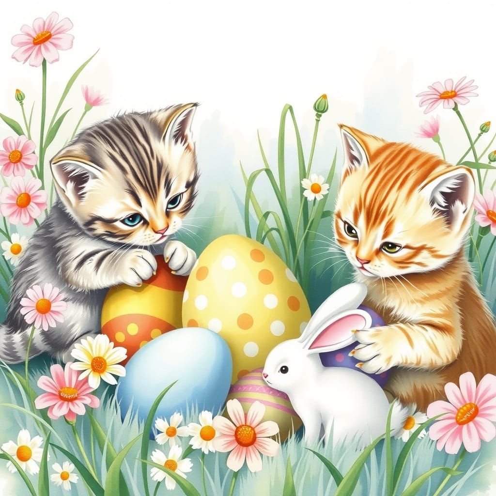 Whimsical Easter Kittens in Watercolor Style