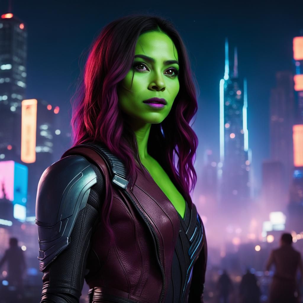 Gamora in Extraterrestrial Cityscape with Neon Lights
