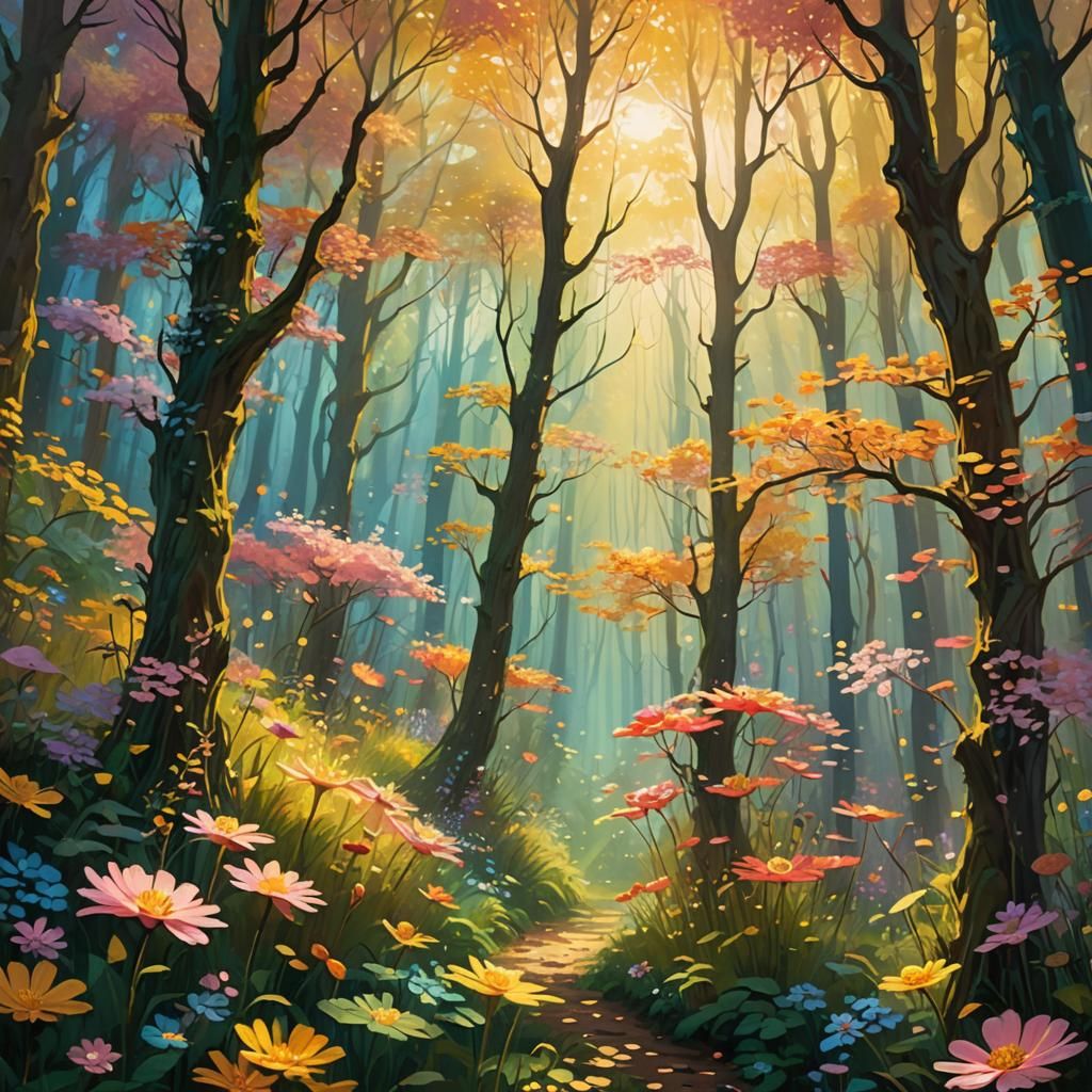 Enchanted Flower Forest in Impressionistic Style