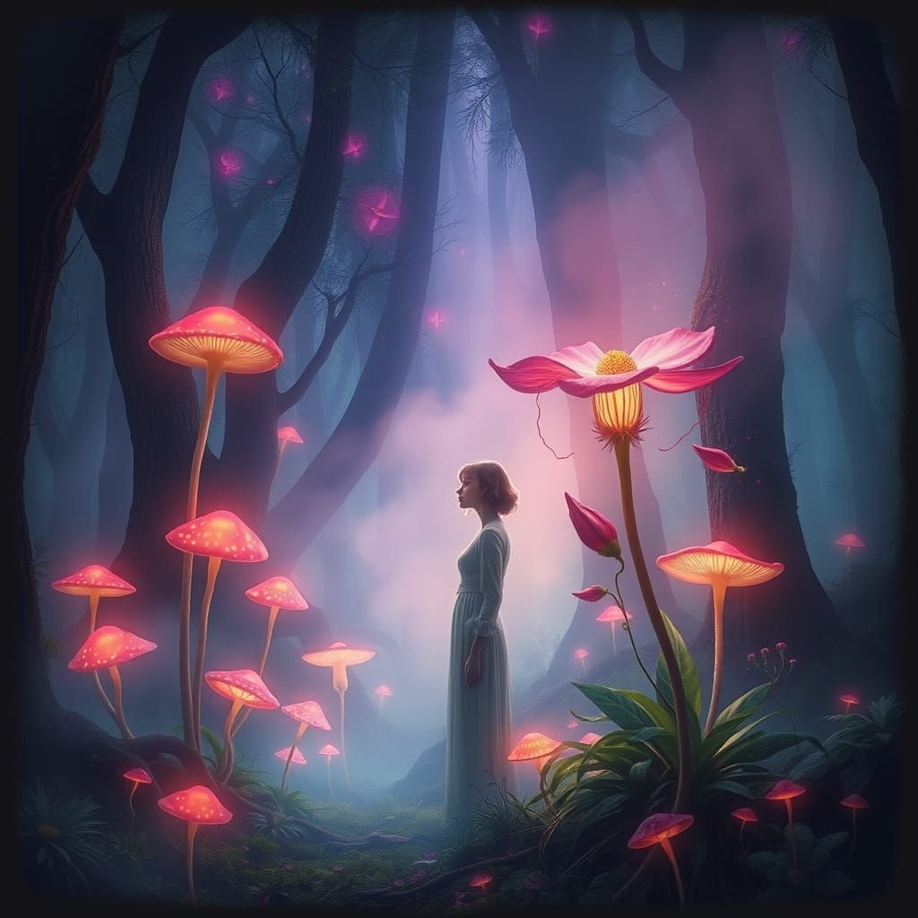 Luminescent Forest: Woman and Mystical Blooms