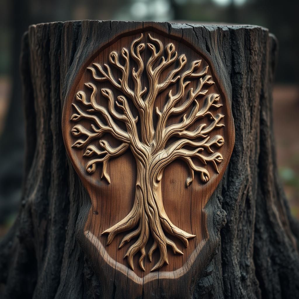 Ornate Tree Carving on Stump in Soft Focus