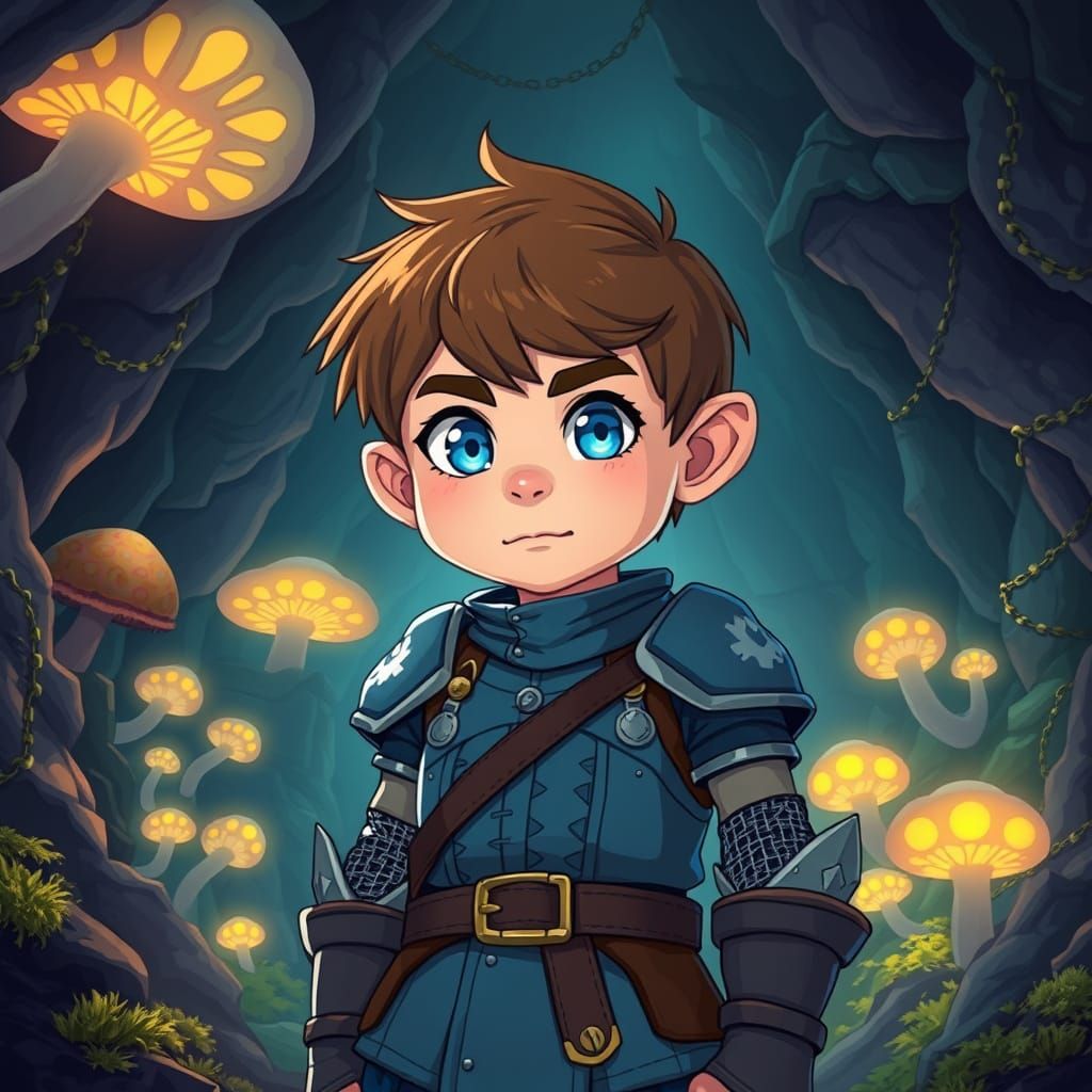 Dwarf Teen in Glowing Cavern: Manga Style Illustration