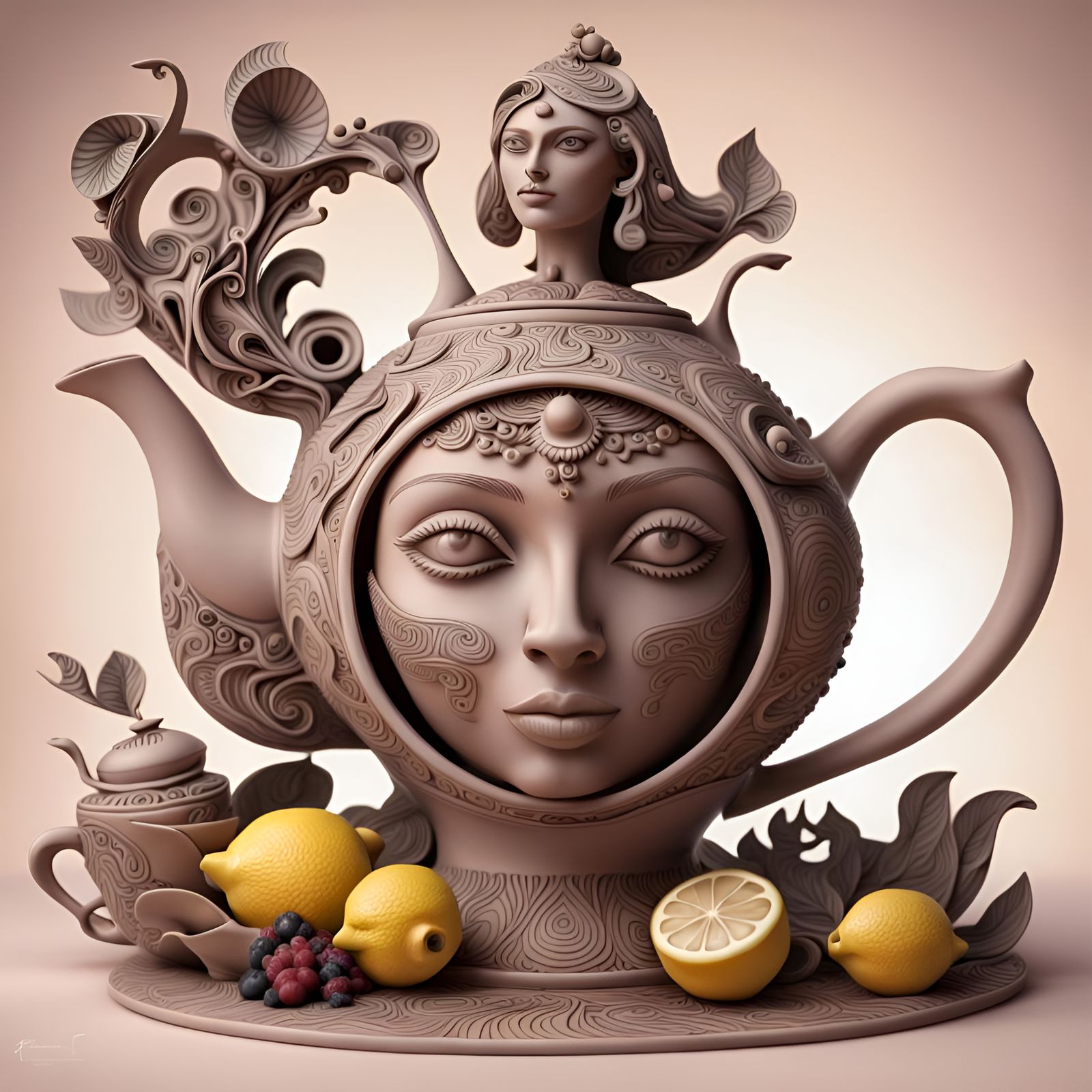 Surreal Teapot Sculpture with Egyptian Woman in 3D