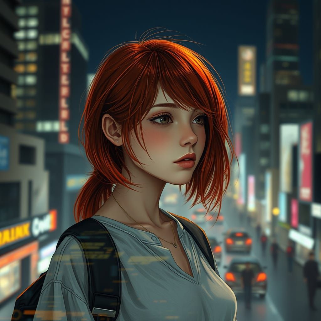 Contemplative Redhead in Realistic Double Exposure Cityscape