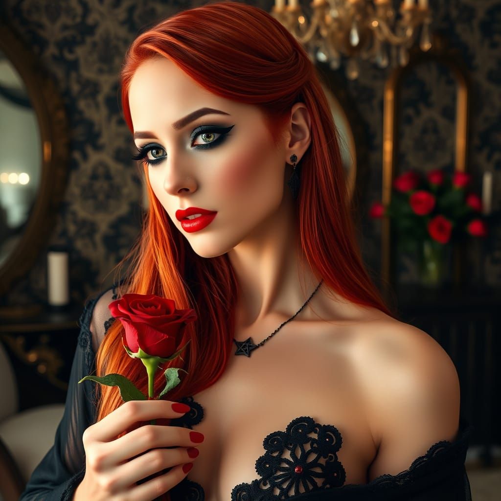 Goddess with Red Hair and Rose in Boudoir