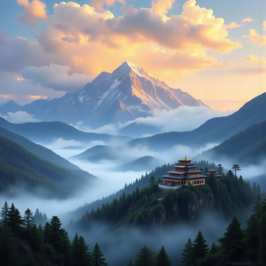 Bhutan Mountain Monastery in Dreamlike Atmospheric Style