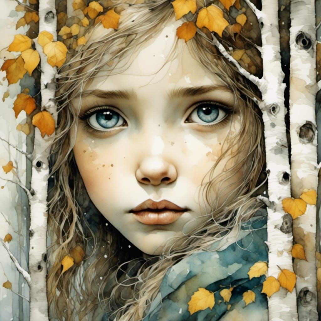 Watercolor Portrait of Girl in Birch Forest