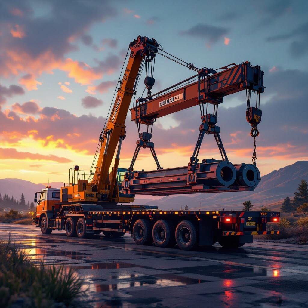 Crane Loading Industrial Parts in a Matte Painting Style