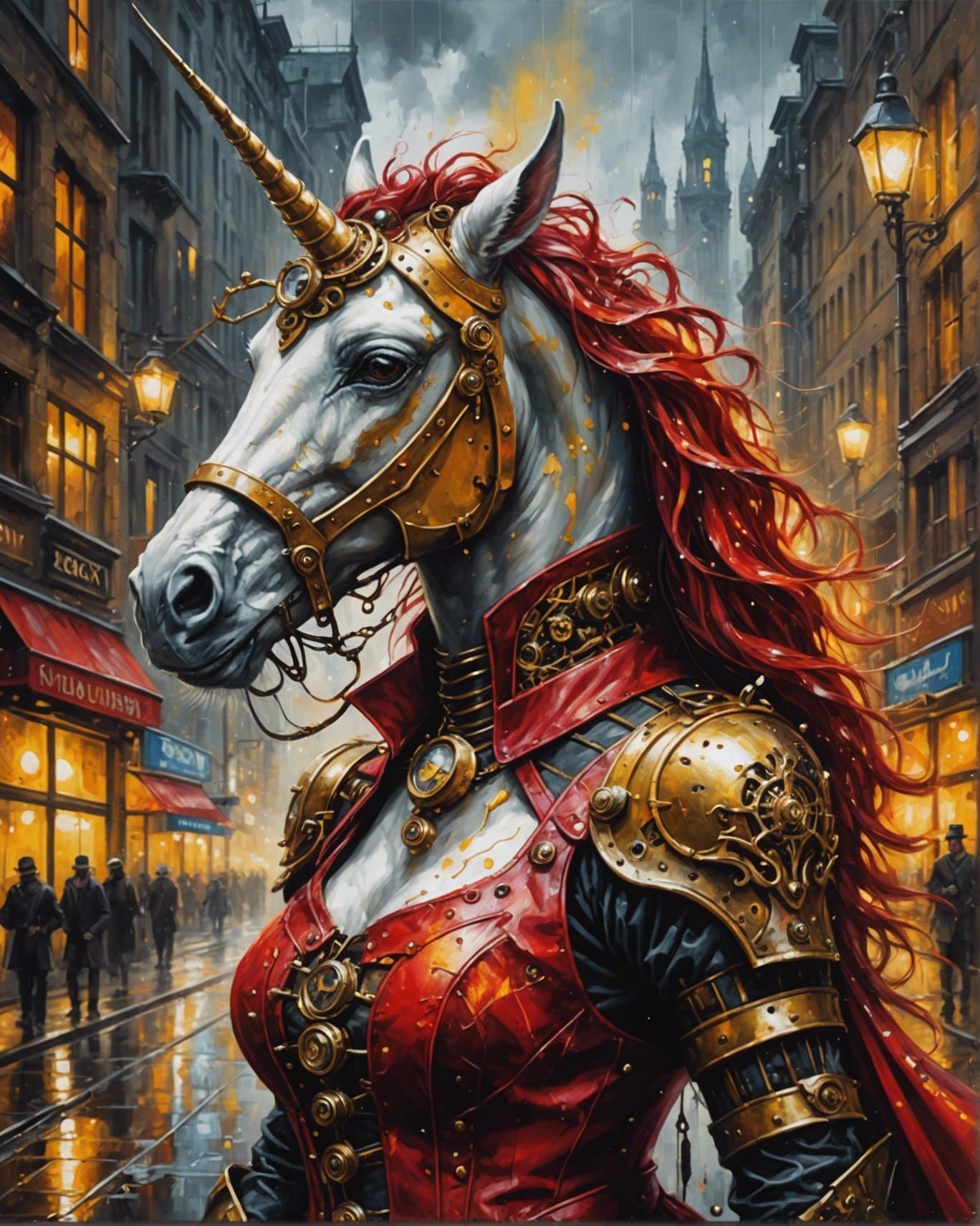 Steampunk Unicorn in Red Dress, Oil Painting